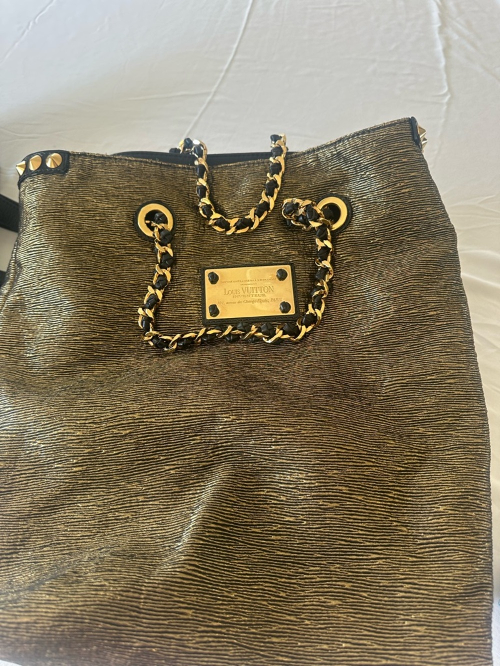 Louis Vuitton Black Embossed Monogram Satchel with Gold Stud Accents - Picture 7 of 9